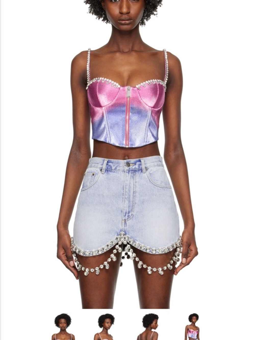 AREA Pink Purple Satin Corset Crop Top with Crystal Straps